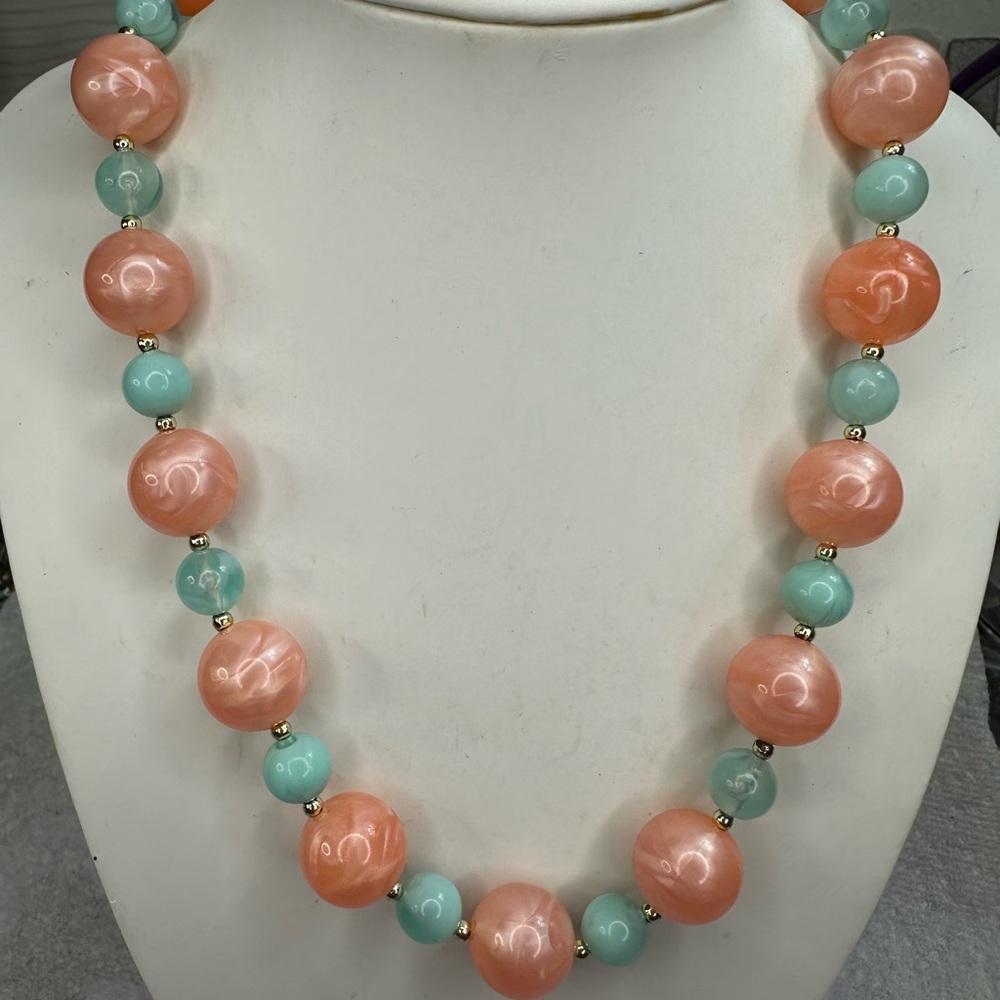 Vintage Chic Beaded Necklace in Pink/Peach and Mint Faux Necklace